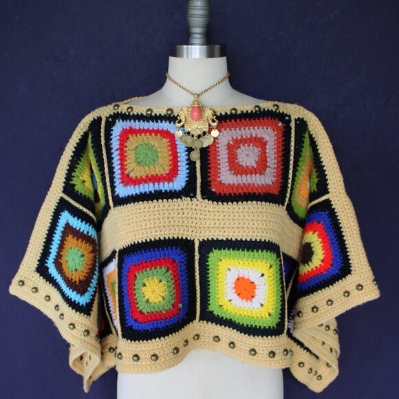 Hand crafted Granny Square Blanket poncho tunic crochet sweater free people - Picture 3 of 10